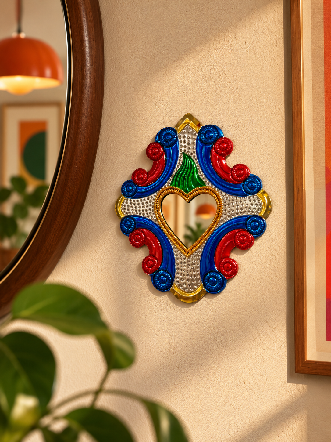 Ex-voto miroir Sacré-Cœur coloré en métal gaufré — Style Milagros