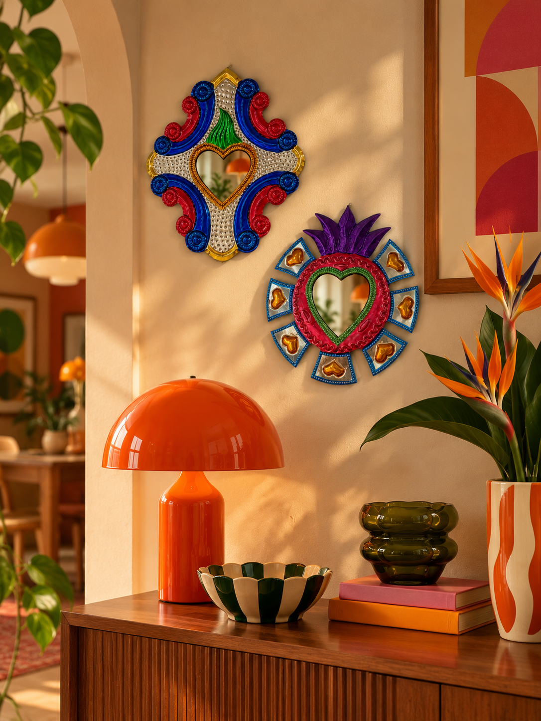 Ex-voto miroir Sacré-Cœur coloré en métal gaufré — Style Milagros