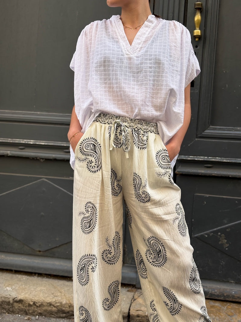 Pantalon imprimé fluide coton - lin - viscose femme