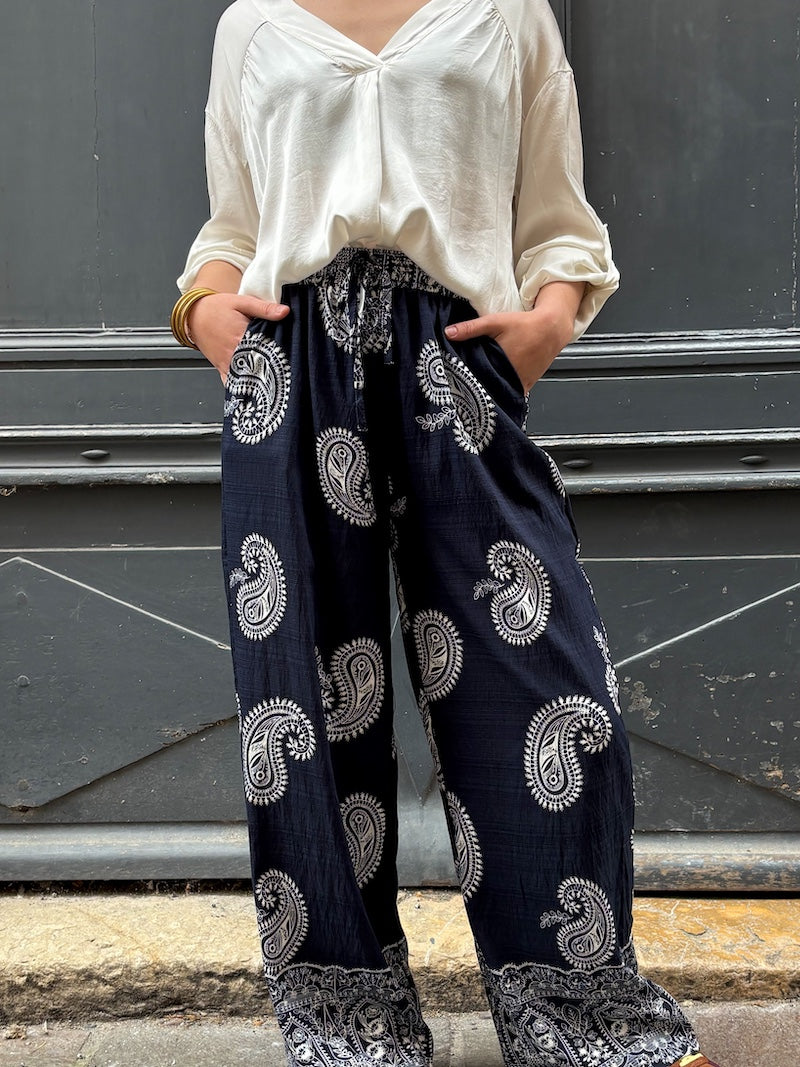 Pantalon imprimé fluide coton - lin - viscose femme