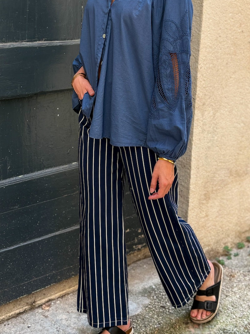 jean rayé en coton bleu marine tendance pour femme