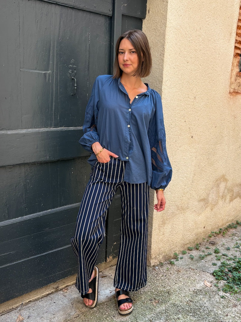 pantalon en coton à rayures bleu marine tendance pour femme