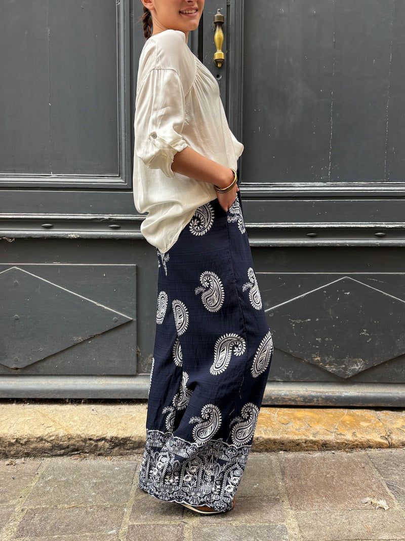 Pantalon imprimé fluide coton - lin - viscose femme