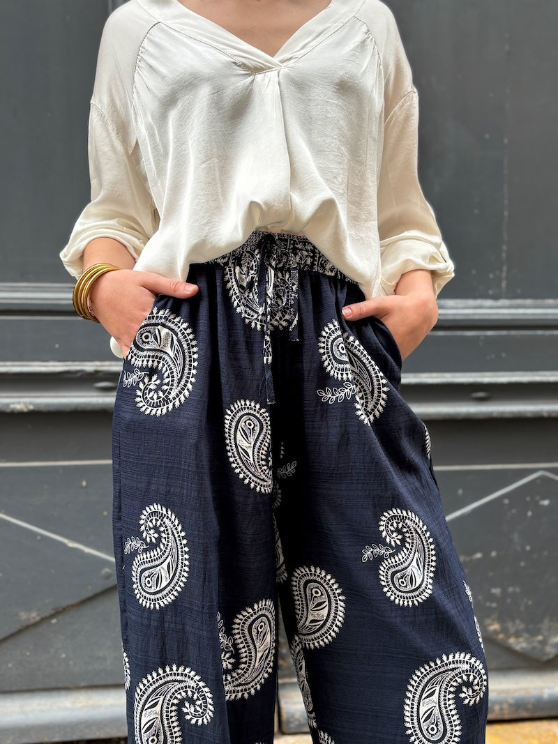 Pantalon imprimé fluide coton - lin - viscose femme