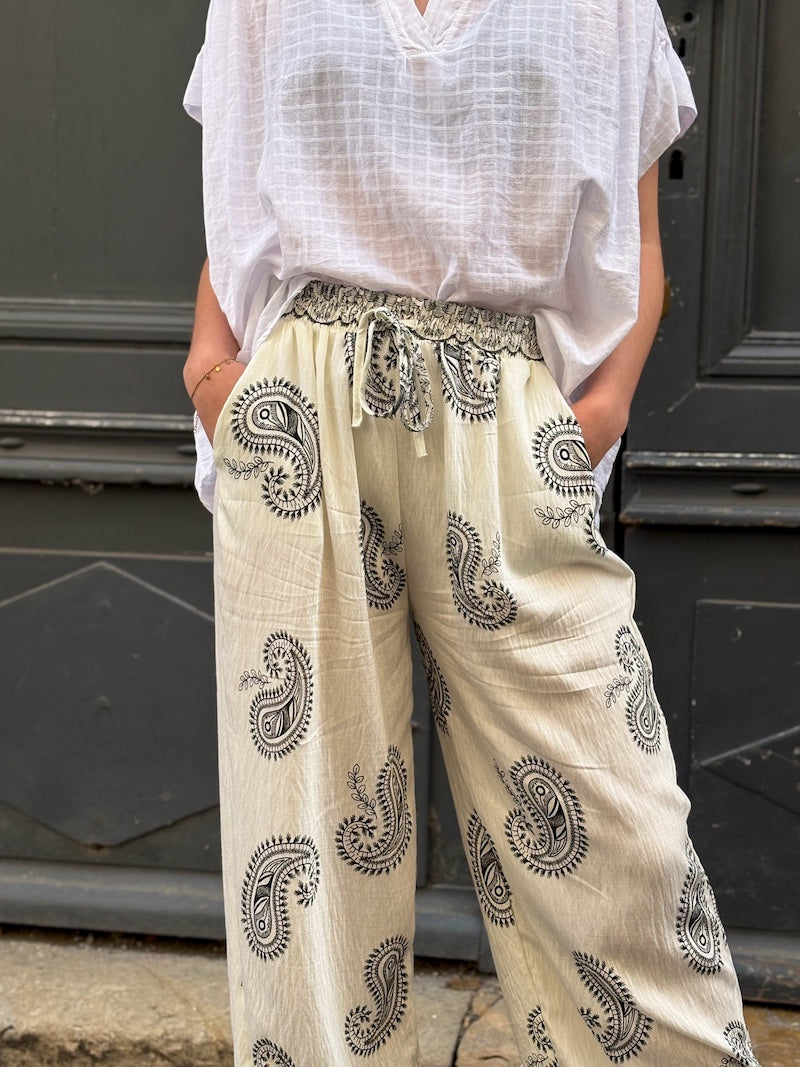 Pantalon imprimé fluide coton - lin - viscose femme
