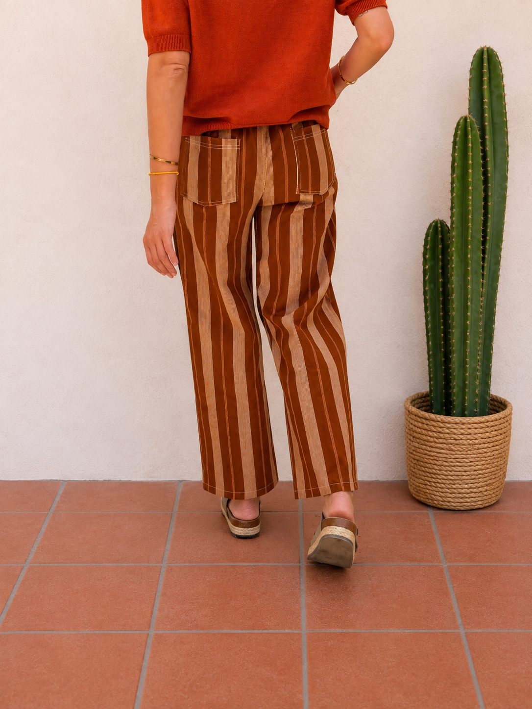 pantalon à rayures terracota tendance pour femme mi saison