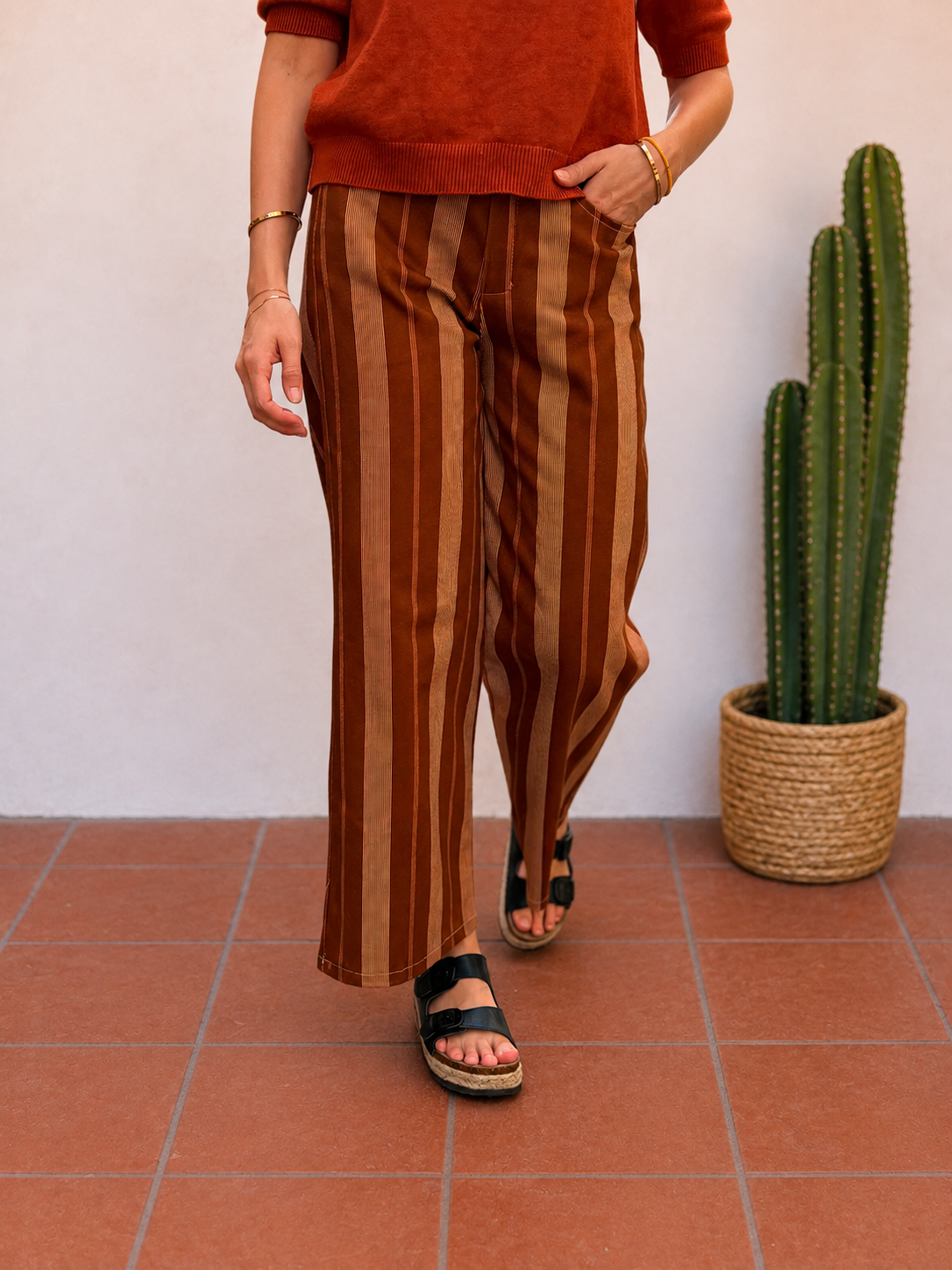 pantalon femme tendance rayé terracota