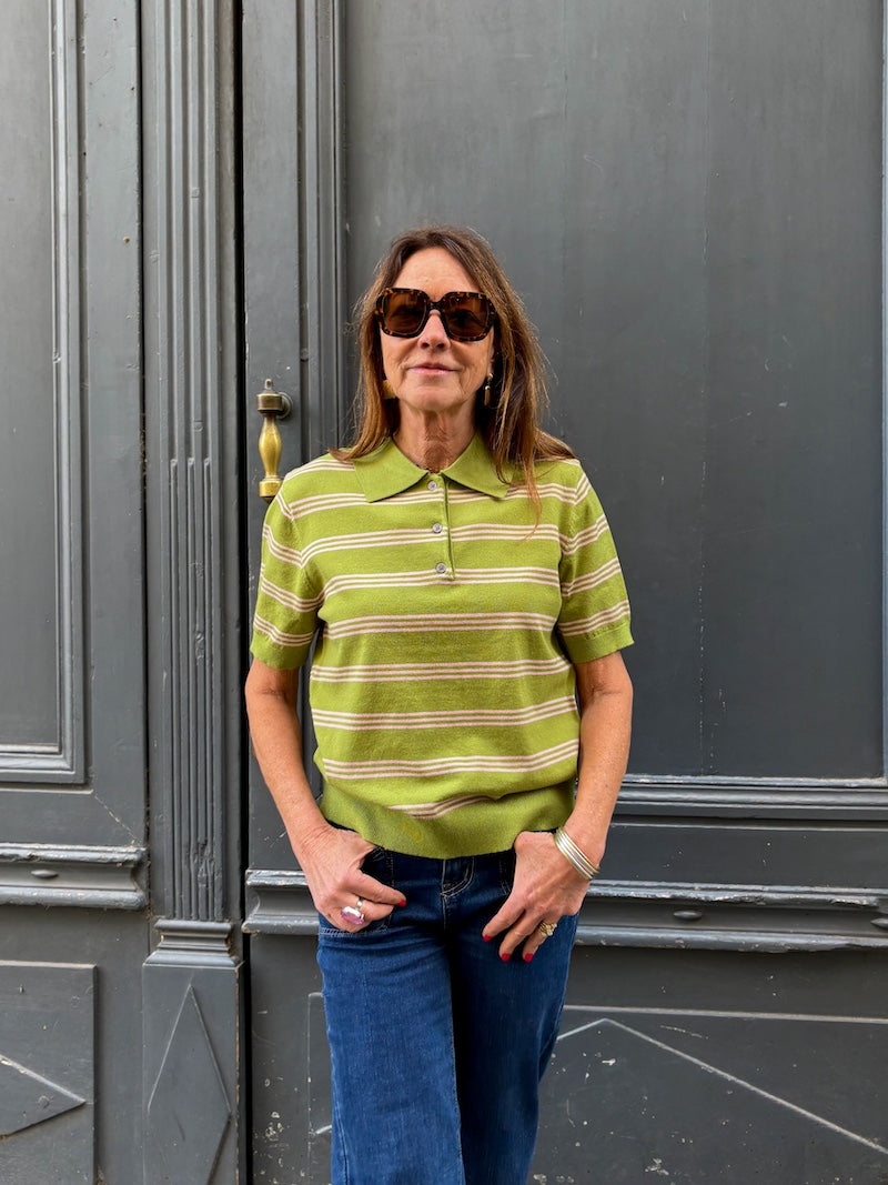 Polo rayé vert et rose - manches courtes