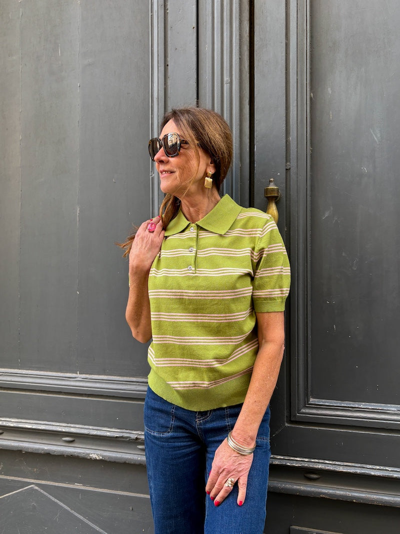 Polo rayé vert et rose - manches courtes