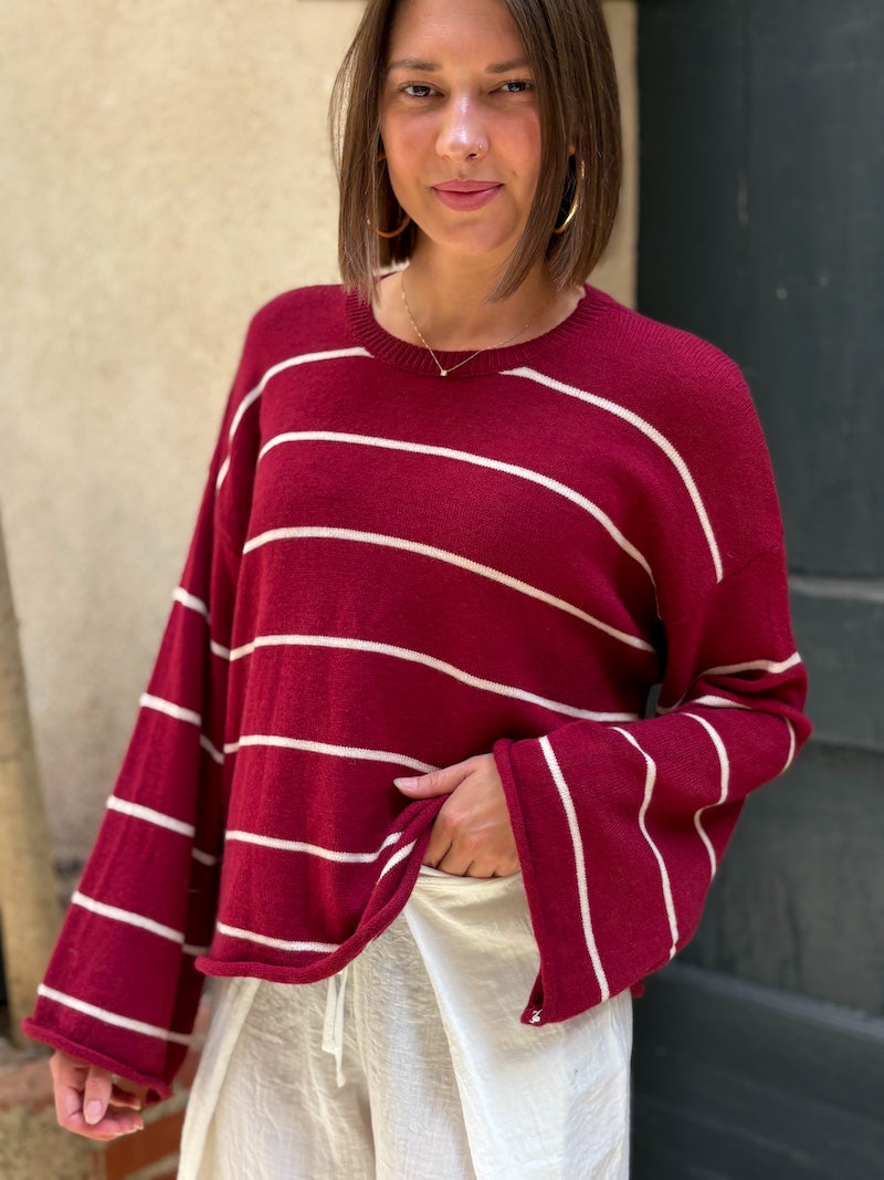 Pull col rond à rayures tendance pour femme
