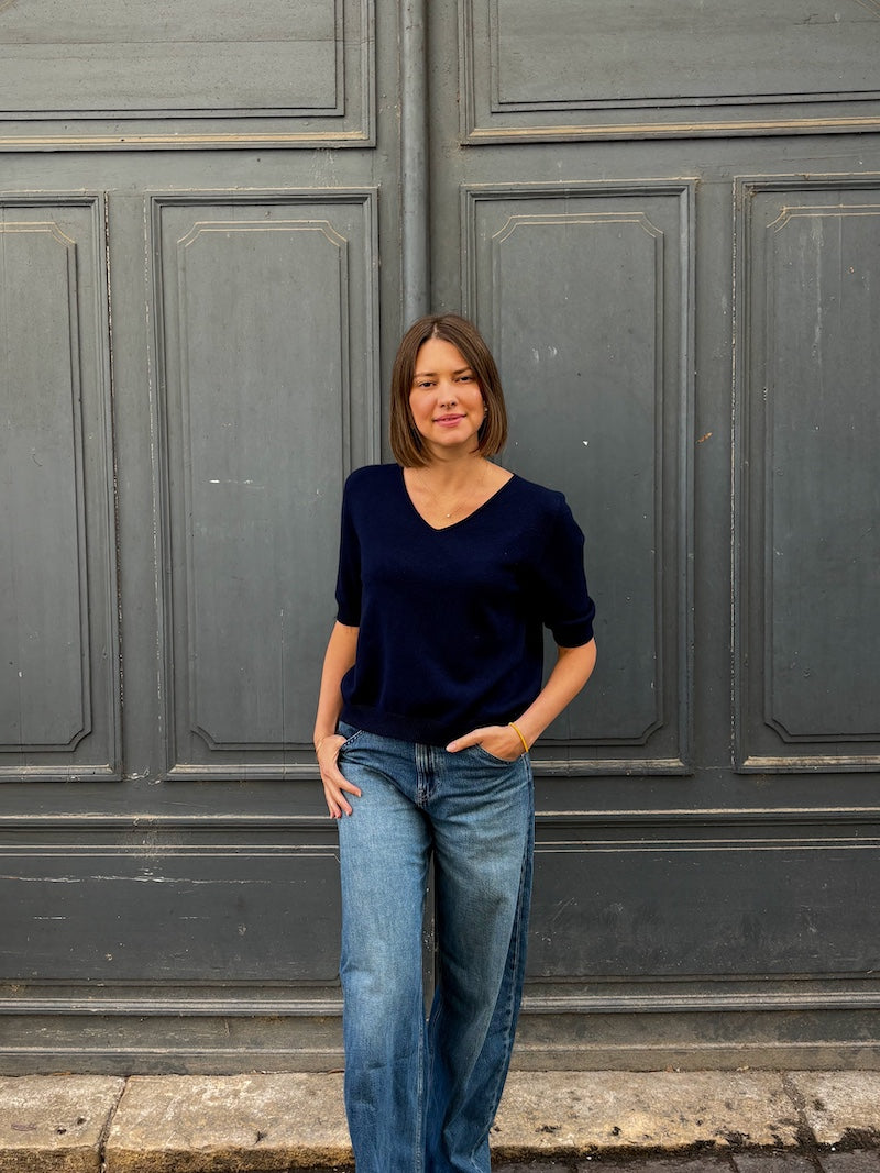 Pull en maille à manches 3/4 et col V