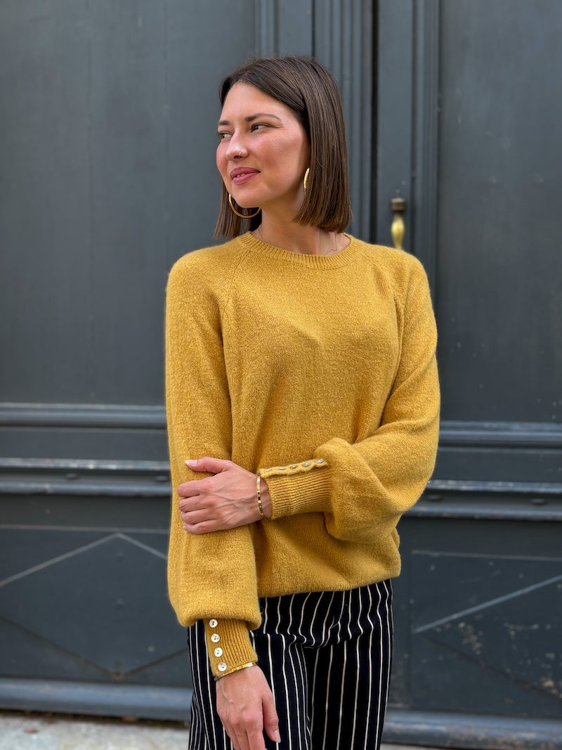pull col rond jaune moutarde tendance pour femme mi saison