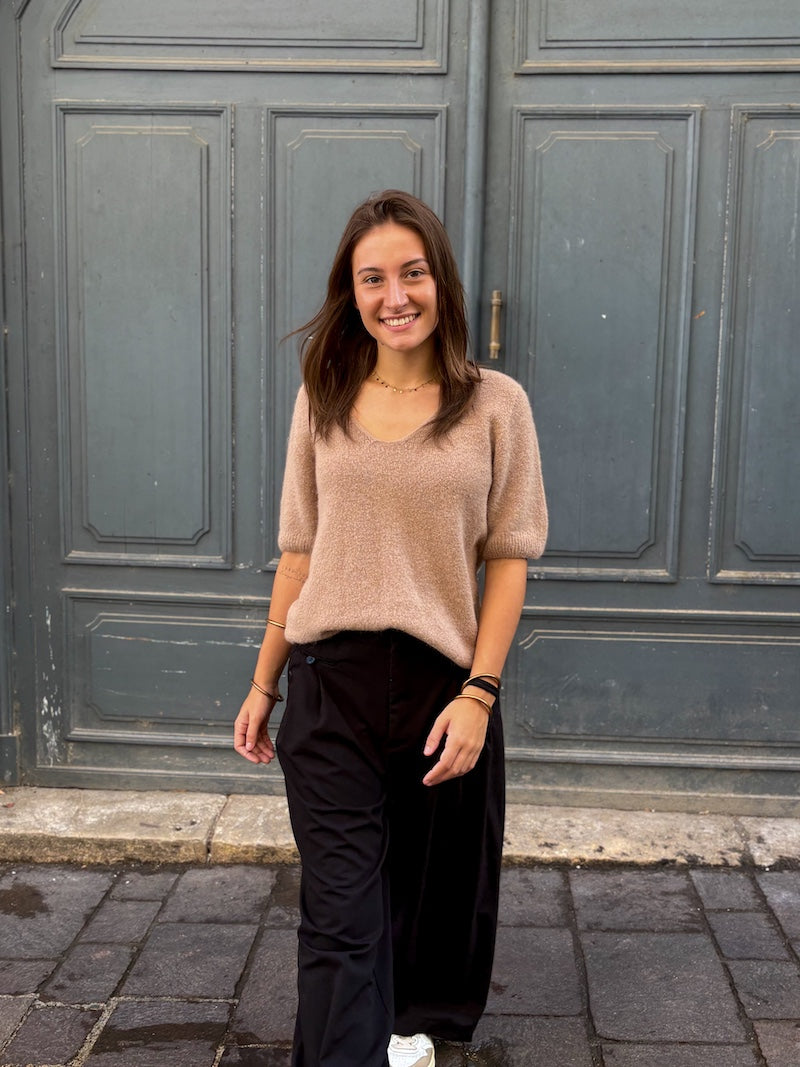 pull manches 3/4 beige en alpaga pour femme