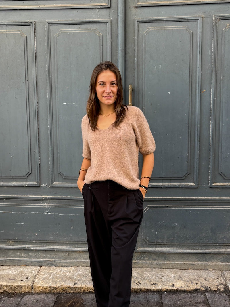pull tendance femme beige chaud en alpaga manches 3/4