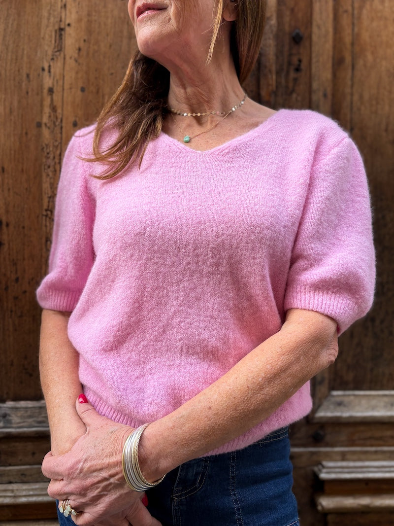 Pull rose en maille alpaga - Manches courtes & douceur