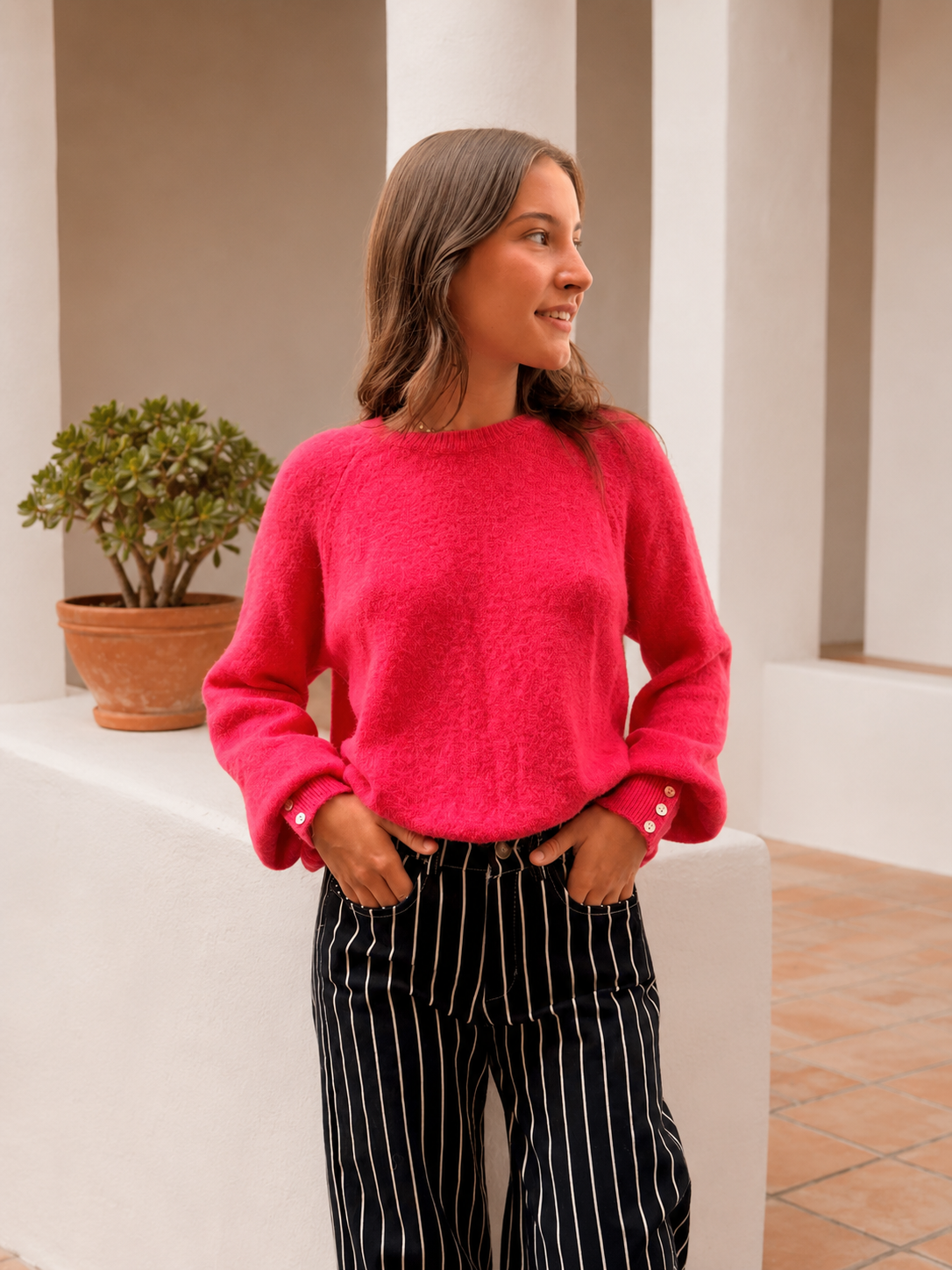 tenue tendance mi saison jean rayé et pull 