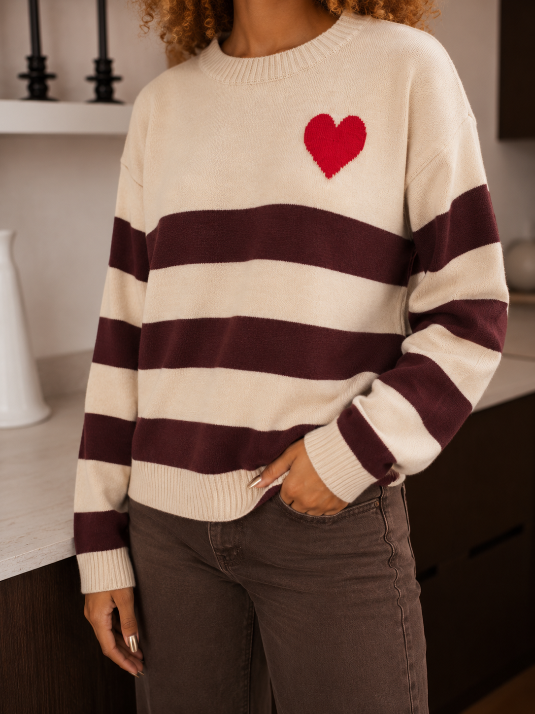 pull rayé tendance pour femme bordeaux