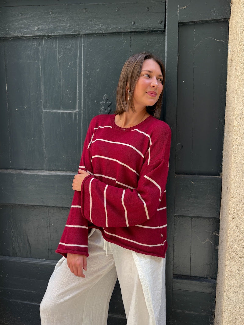 pull bordeaux à rayures pour femme tendance