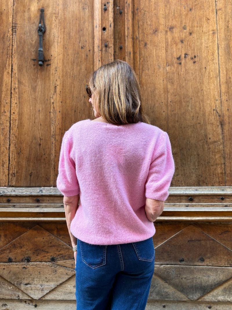 Pull rose en maille alpaga - Manches courtes & douceur