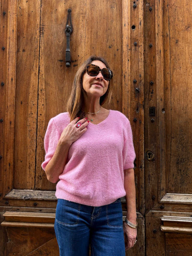 Pull rose en maille alpaga - Manches courtes & douceur