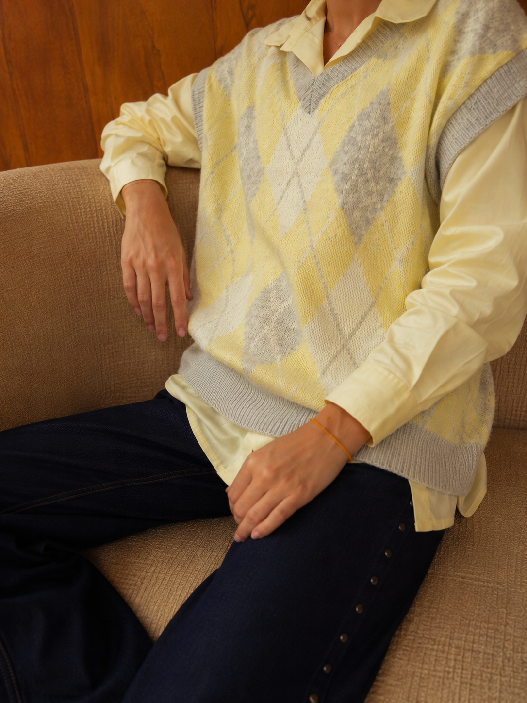 pull sans manches motif jacquard losanges tendance