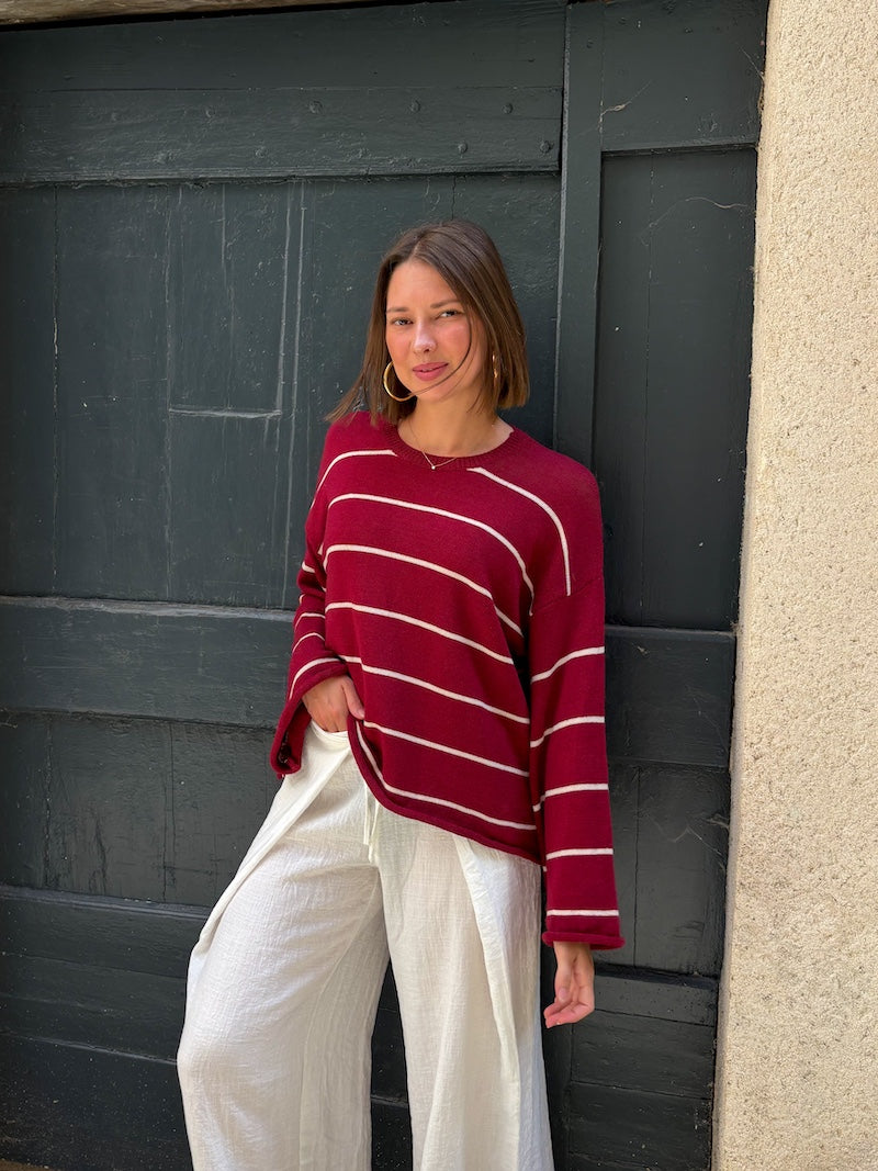 pull tendance bordeaux à rayures pour femme