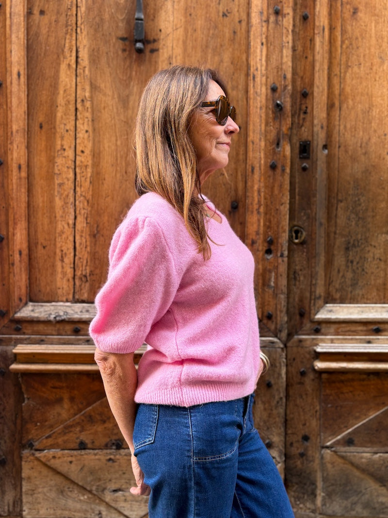 Pull rose en maille alpaga - Manches courtes & douceur