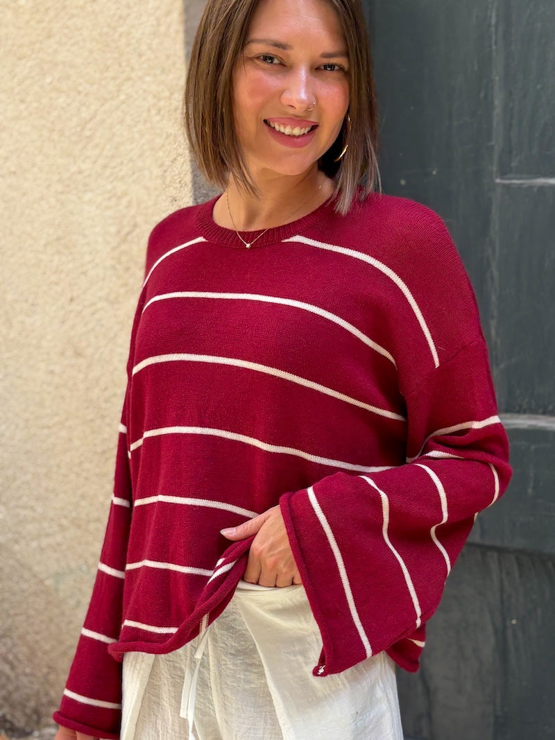 pull tendance bordeaux rayé pour femme tendance