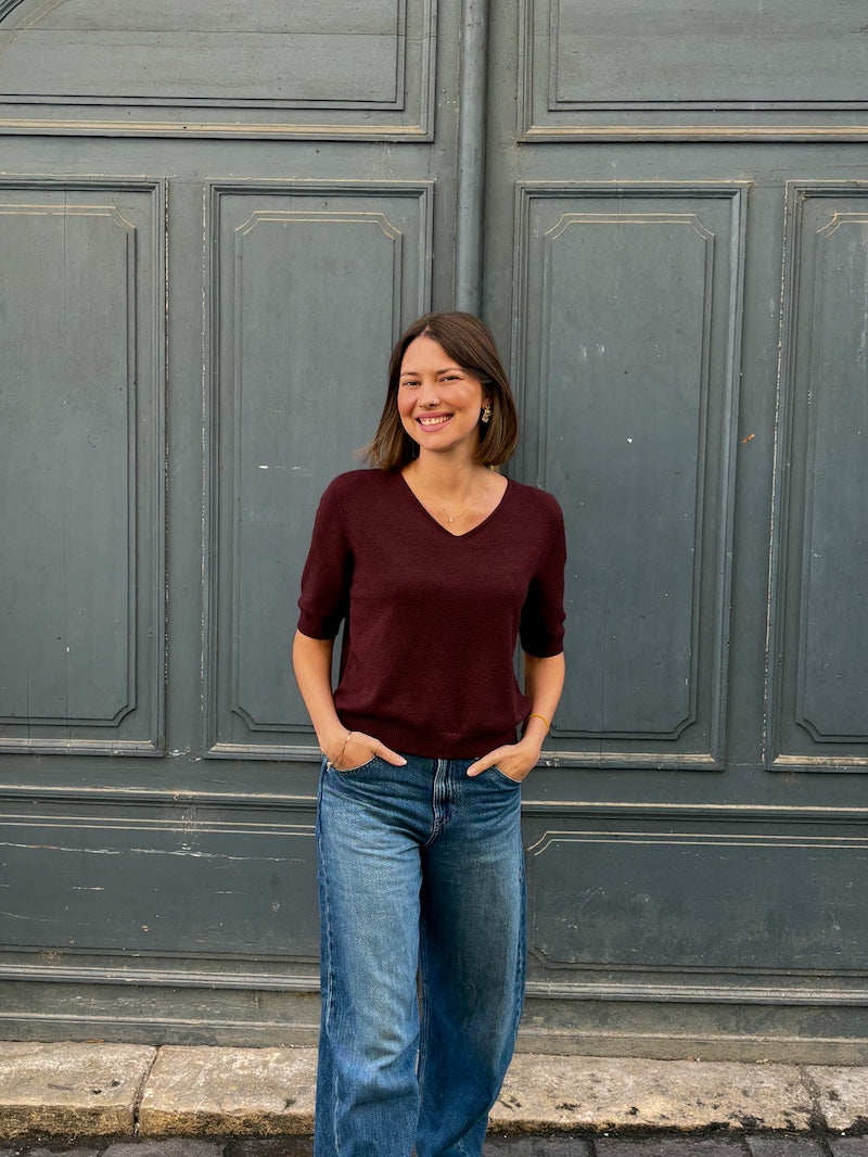 Pull en maille à manches 3/4 et col V