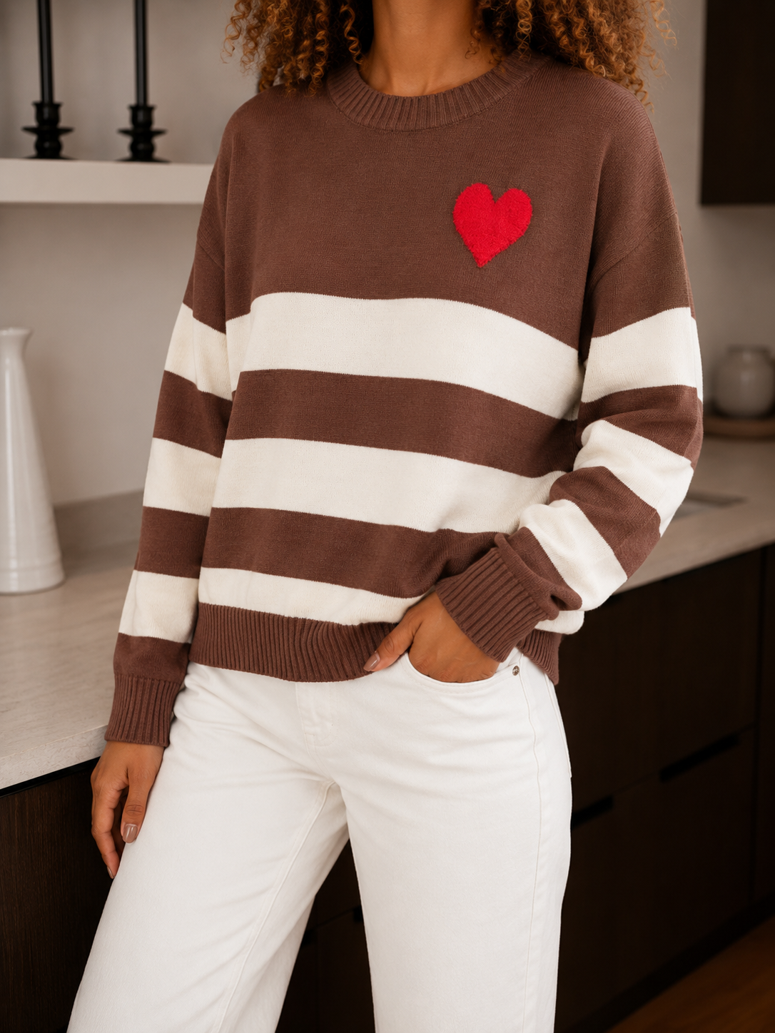 pull tendance à rayures marron et blanc