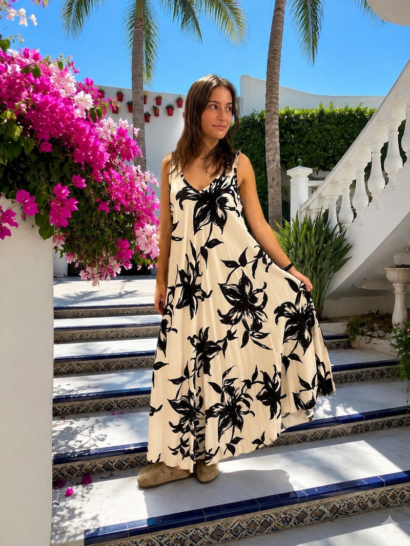 Robe longue à fleurs bohèmes noires et blanches
