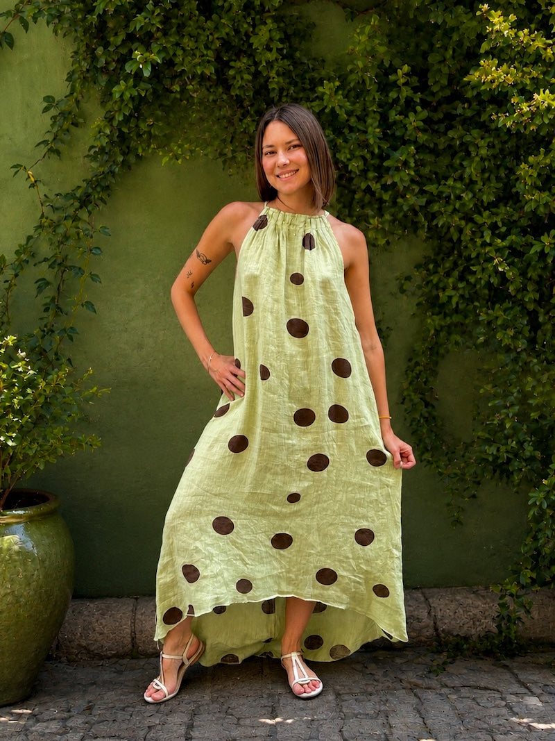 Robe longue verte à pois