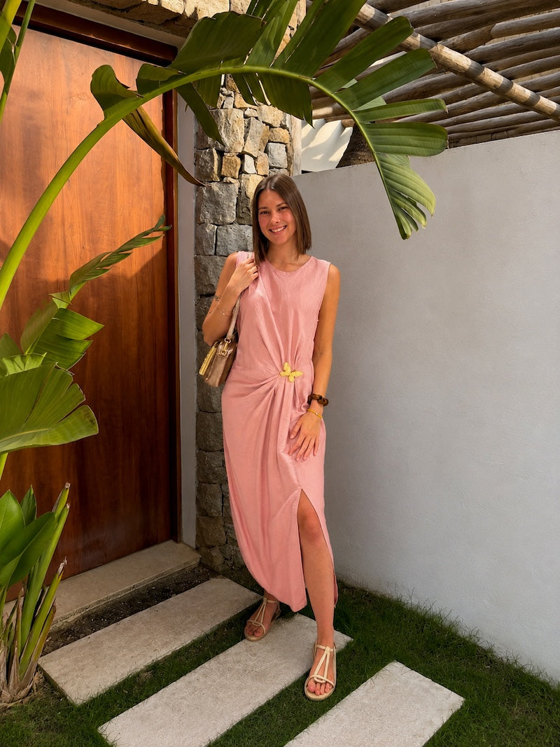Robe longue rose poudrée plissée - Bohème et chic