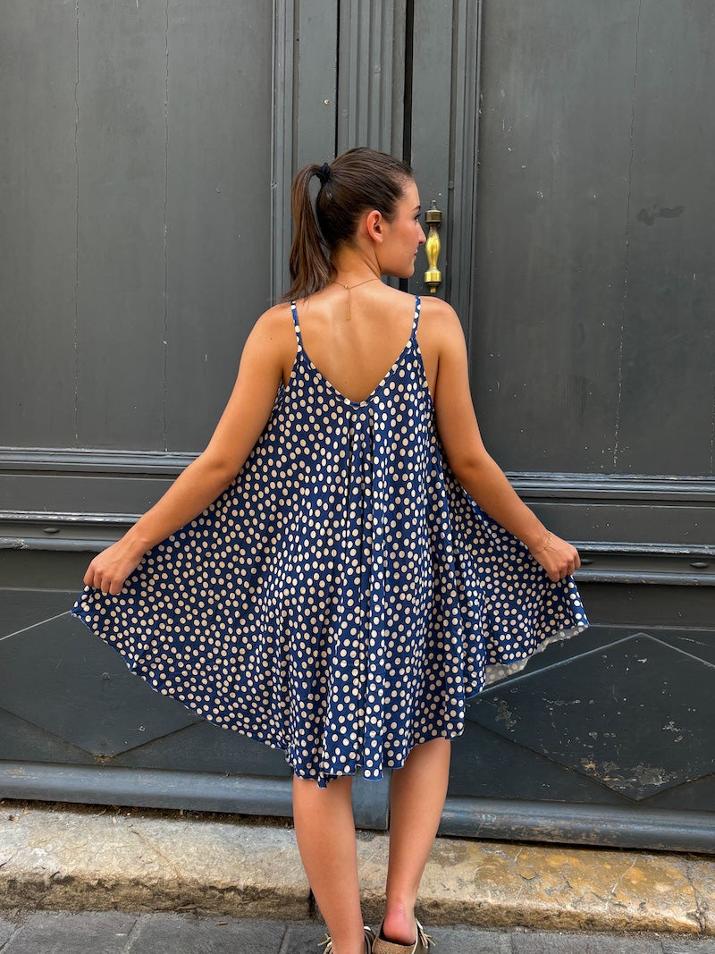 Robe fluide beu marine à pois