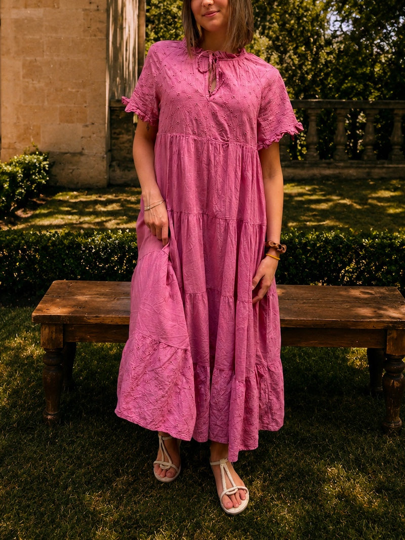 Robe longue en broderie anglaise rose - Bohème chic
