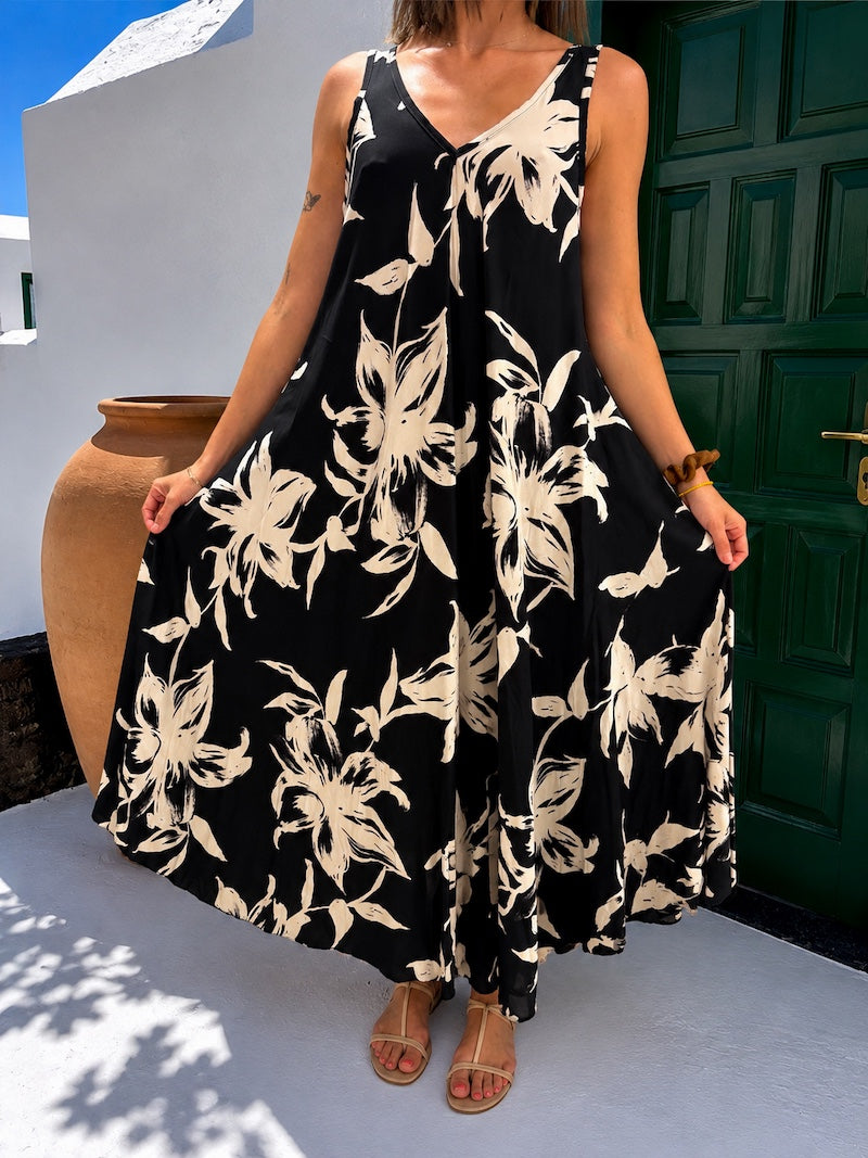Robe longue et fluide à motif noir et blanc