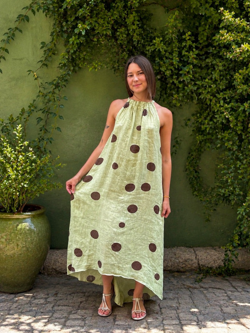 Robe longue verte à pois