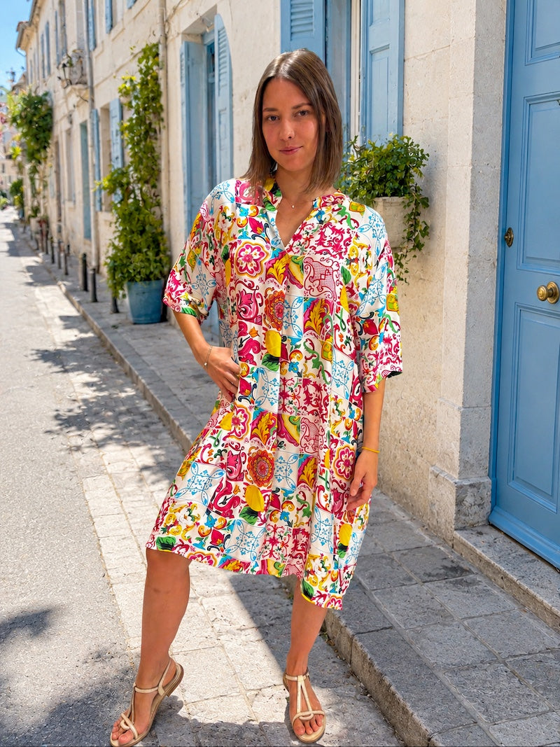 Robe fluide en viscose imprimé coloré