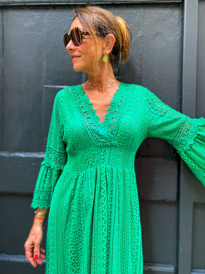 Robe longue bohème en dentelle verte
