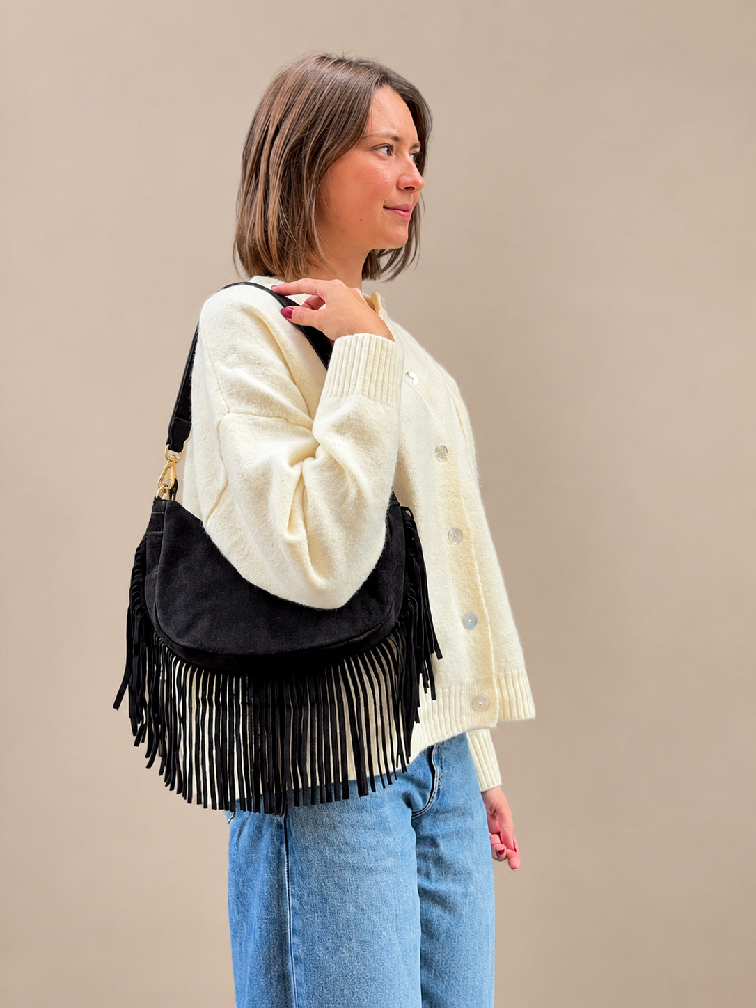 sac à main à franges noir en daim tendance