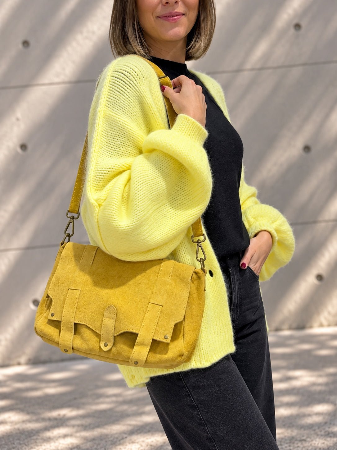 sac tendance en bandoulière daim jaune pour femme