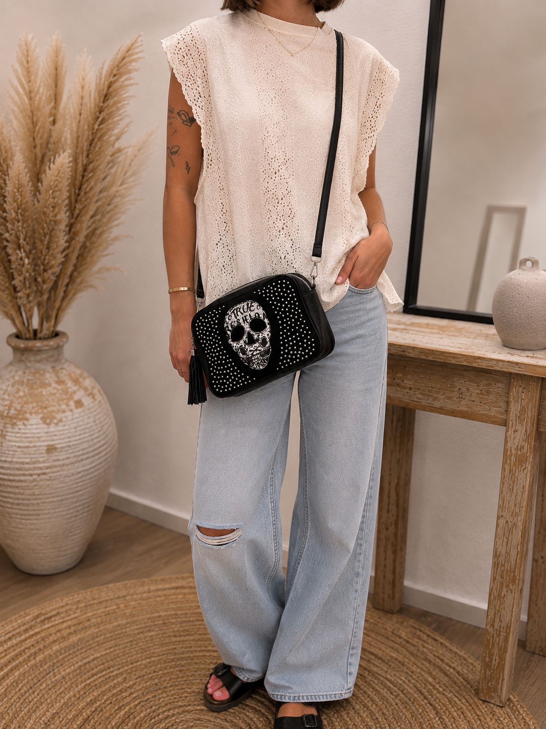 sac noir tête de mort strass rock and roll pour femme