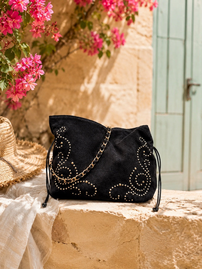 Sac tendance en daim noir clouté - Bohème