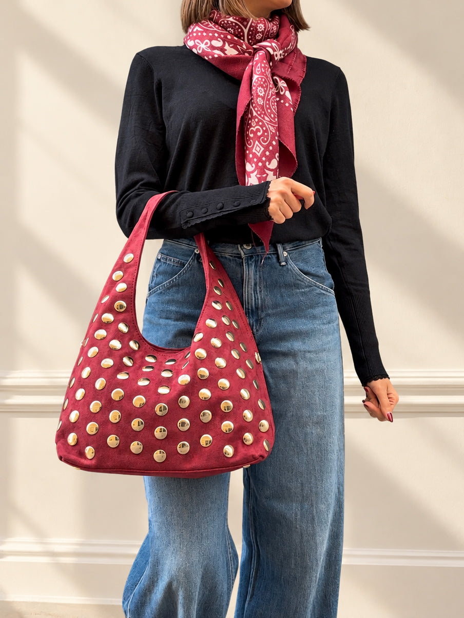 superbe sac hobo clouté bordeaux tendance pour femme