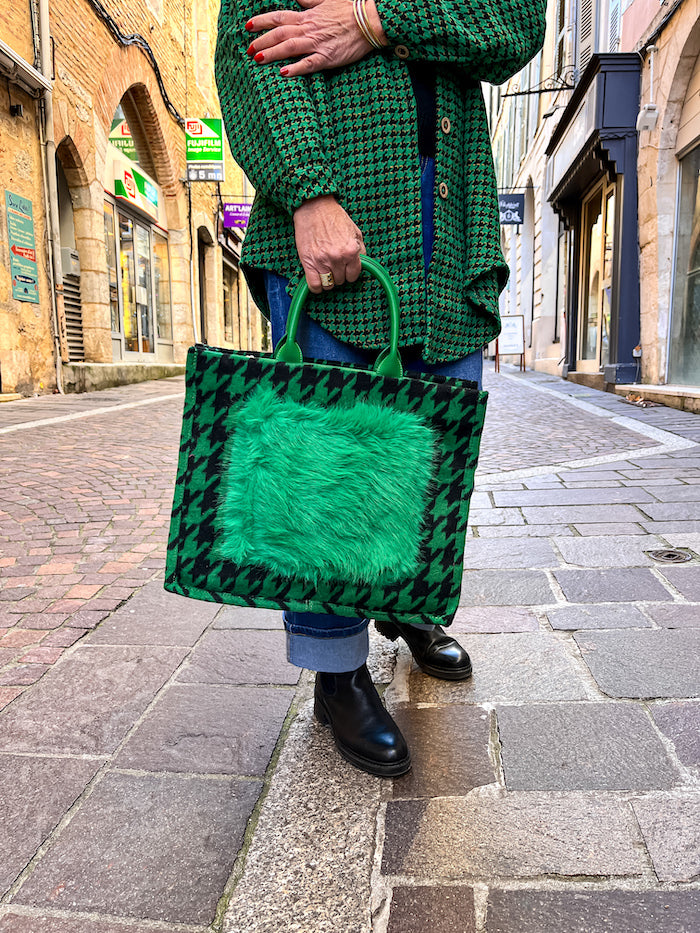 Grand sac à main motif pied de poule vert vif