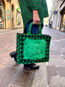 Grand sac à main motif pied de poule vert vif