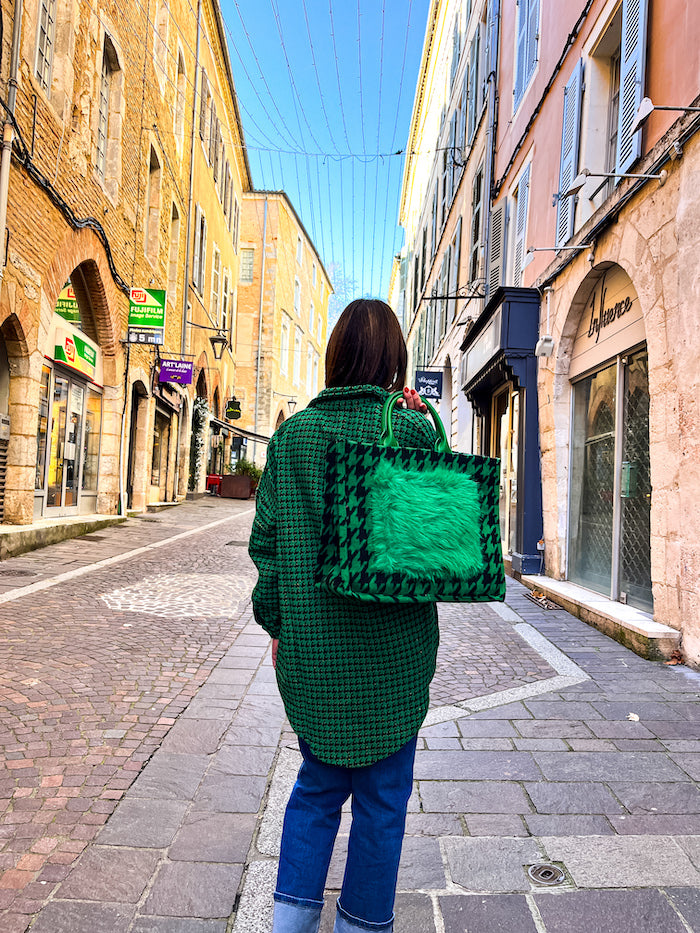 Grand sac à main motif pied de poule vert vif