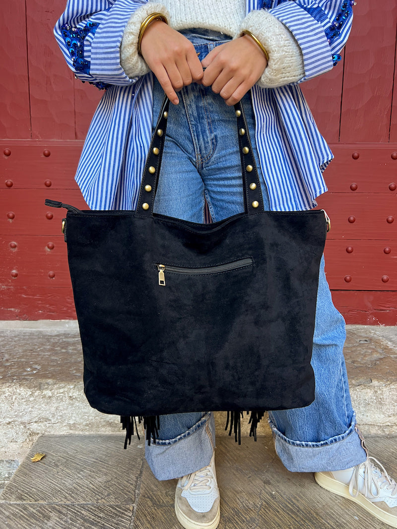 Sac à main en daim noir à franges