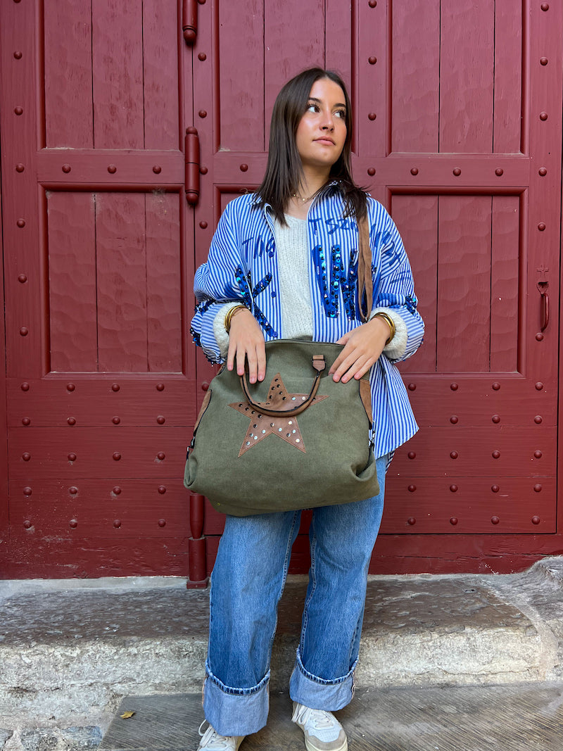 Grand sac cabas en toile kaki étoile cloutée