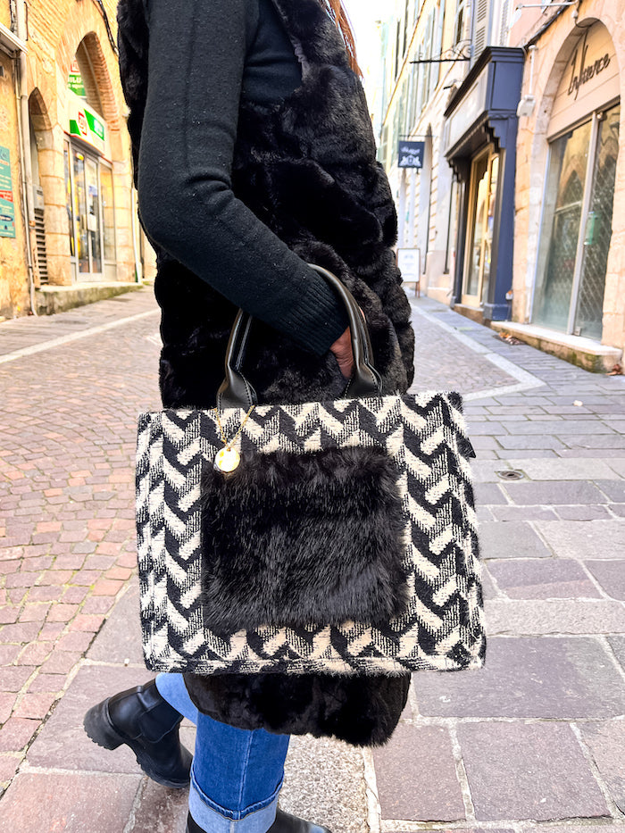 Grand sac à main à motif pied de poule noir et blanc